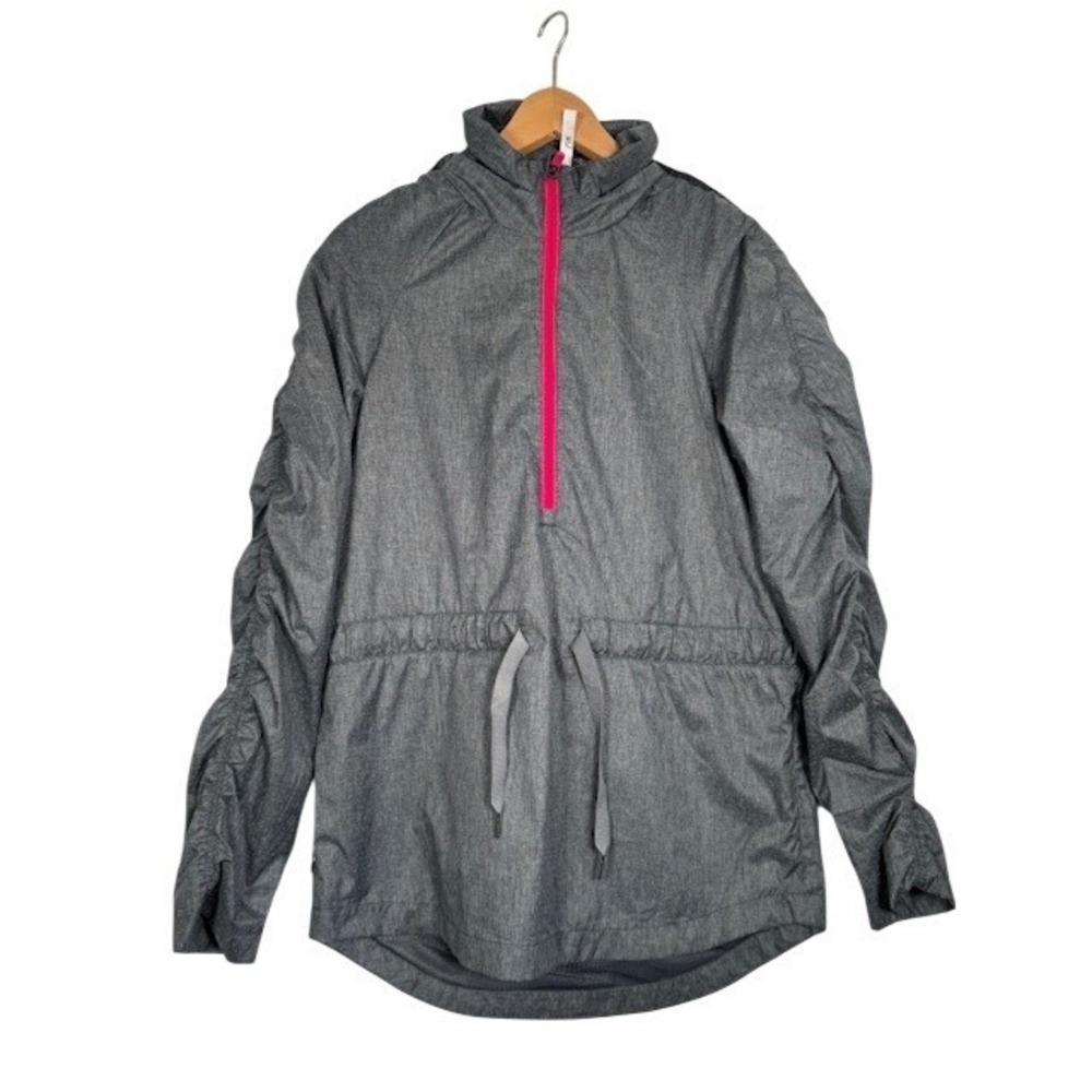 Fabletics‎ Women's Gray Ruched Sleeve Anorak Jacket Size S Quarter Zip Hooded
